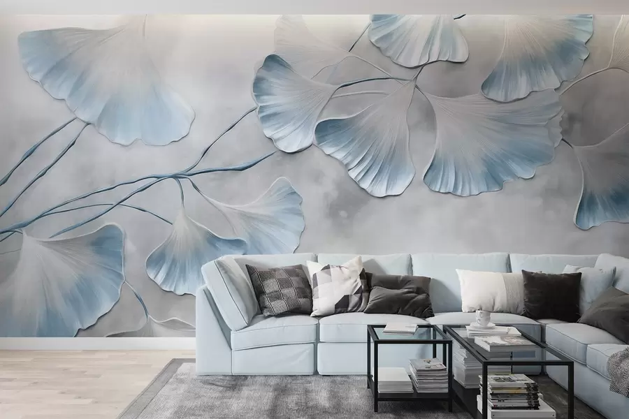 wall murals Листови гинка билобе са плавим ивицама на грани, сива текстурирана позадина, елегантан и минималистички дизајн w09472v1