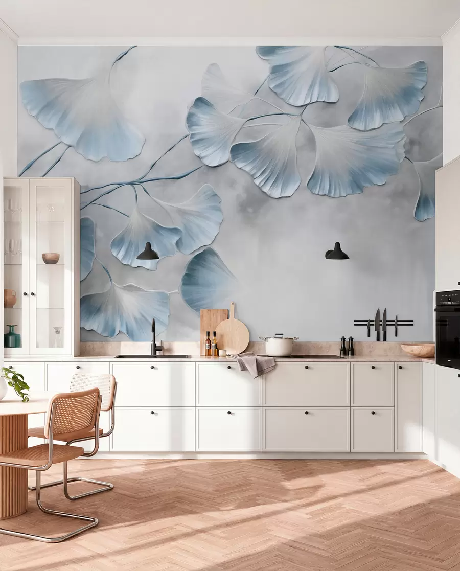 wall murals Листови гинка билобе са плавим ивицама на грани, сива текстурирана позадина, елегантан и минималистички дизајн w09472v1