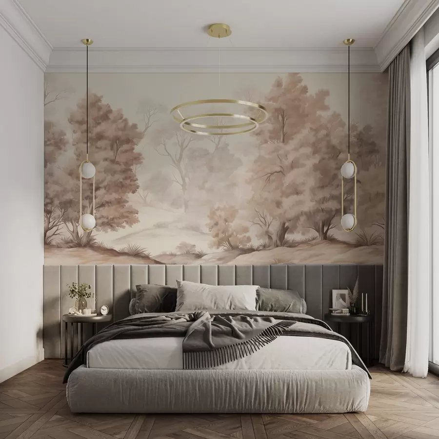 wall murals Текстурирана пејзажна слика имитација шуме са високим дрвећем и травом, пригушене и меке боје, смирујућа сцена w09474
