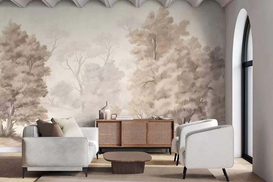 wall murals Текстурирана пејзажна слика имитација шуме са високим дрвећем и травом, пригушене и меке боје, смирујућа сцена w09474