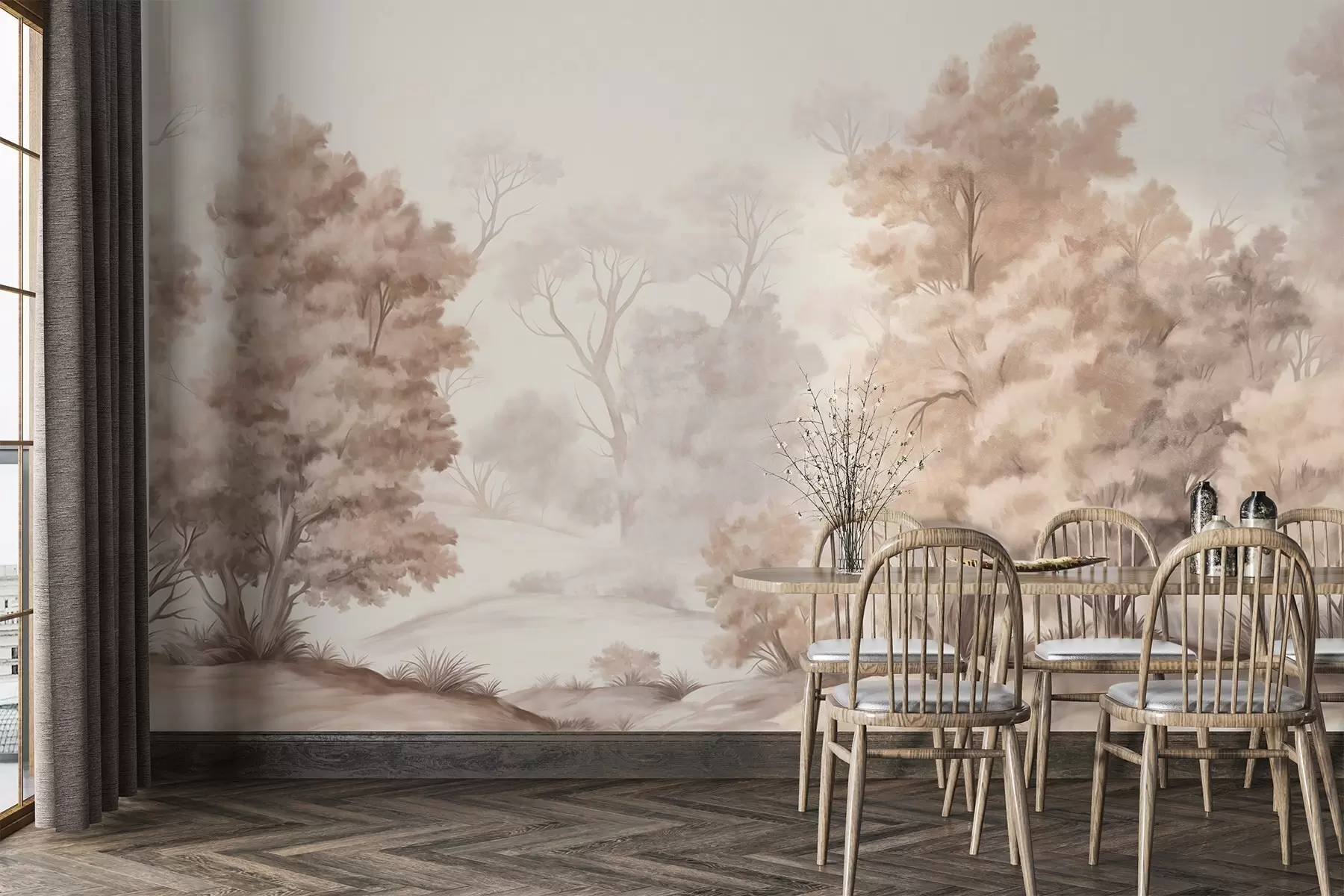 wall murals Текстурирана пејзажна слика имитација шуме са високим дрвећем и травом, пригушене и меке боје, смирујућа сцена w09474