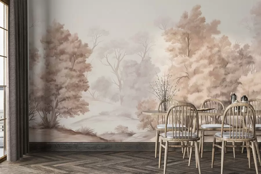 wall murals Текстурирана пејзажна слика имитација шуме са високим дрвећем и травом, пригушене и меке боје, смирујућа сцена w09474