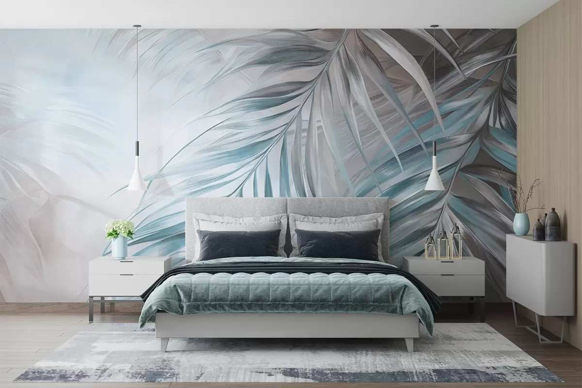 wall murals Палмино лишће са сивим и плавим тоновима, светла текстурирана позадина са меким бојама, елегантан тропски стил w09475v1