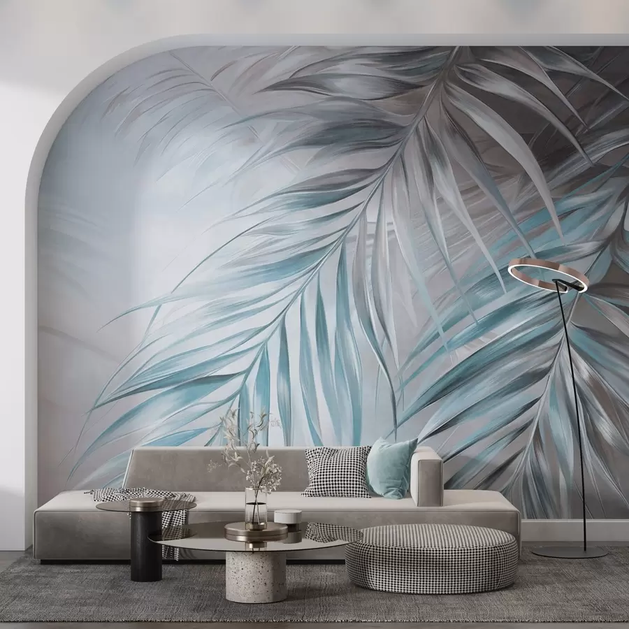 wall murals Палмино лишће са сивим и плавим тоновима, светла текстурирана позадина са меким бојама, елегантан тропски стил w09475v1