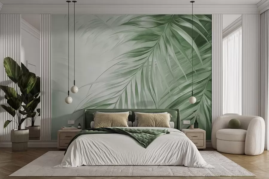 wall murals Палмино лишће са зеленим тоновима, светла текстурирана позадина са меким бојама, елегантан тропски стил w09475v2