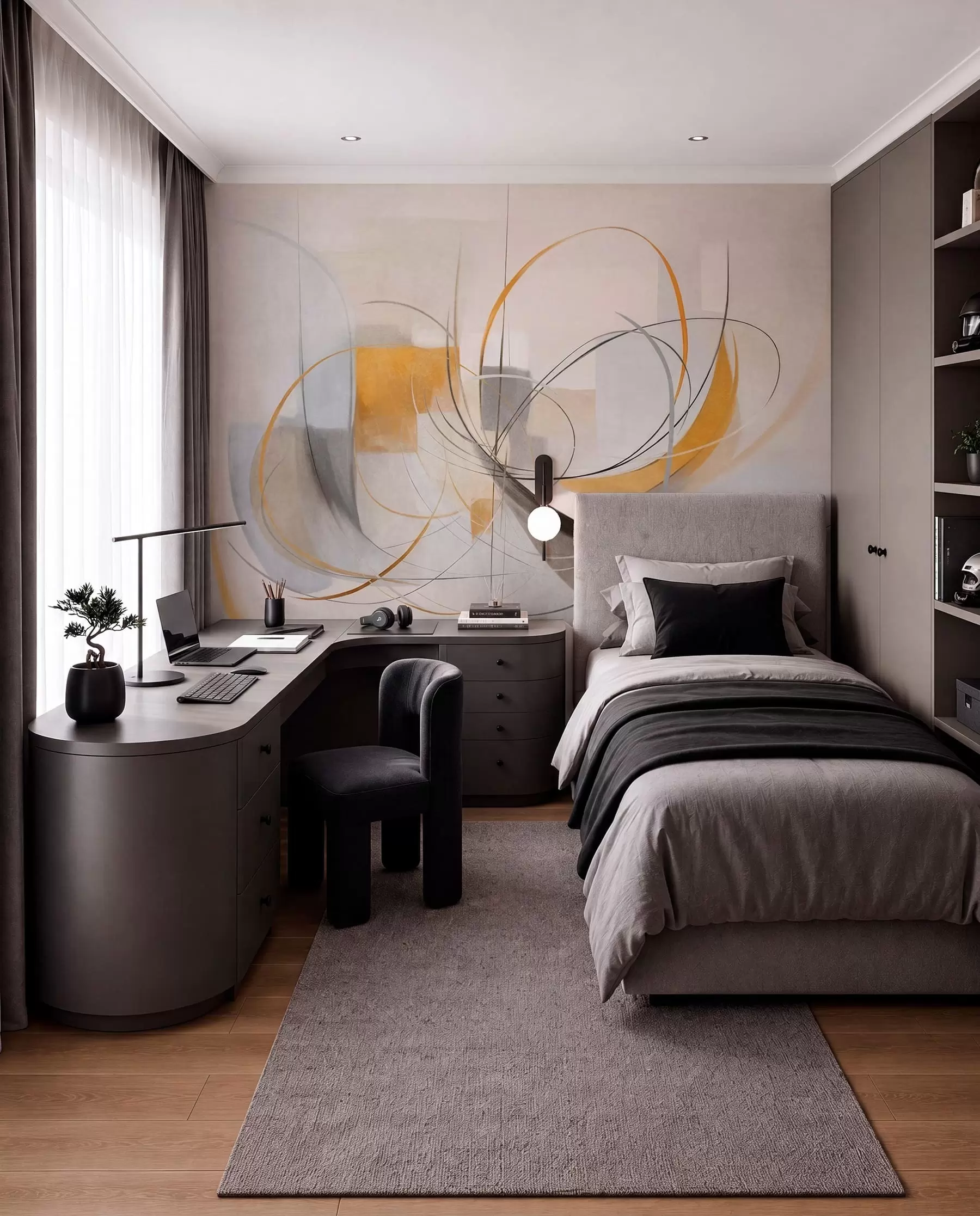 wall murals Апстрактни текстурирани модерни стил сликања са закривљеним линијама и геометријским облицима у нијансама сиве, беле и наранџасте w09476