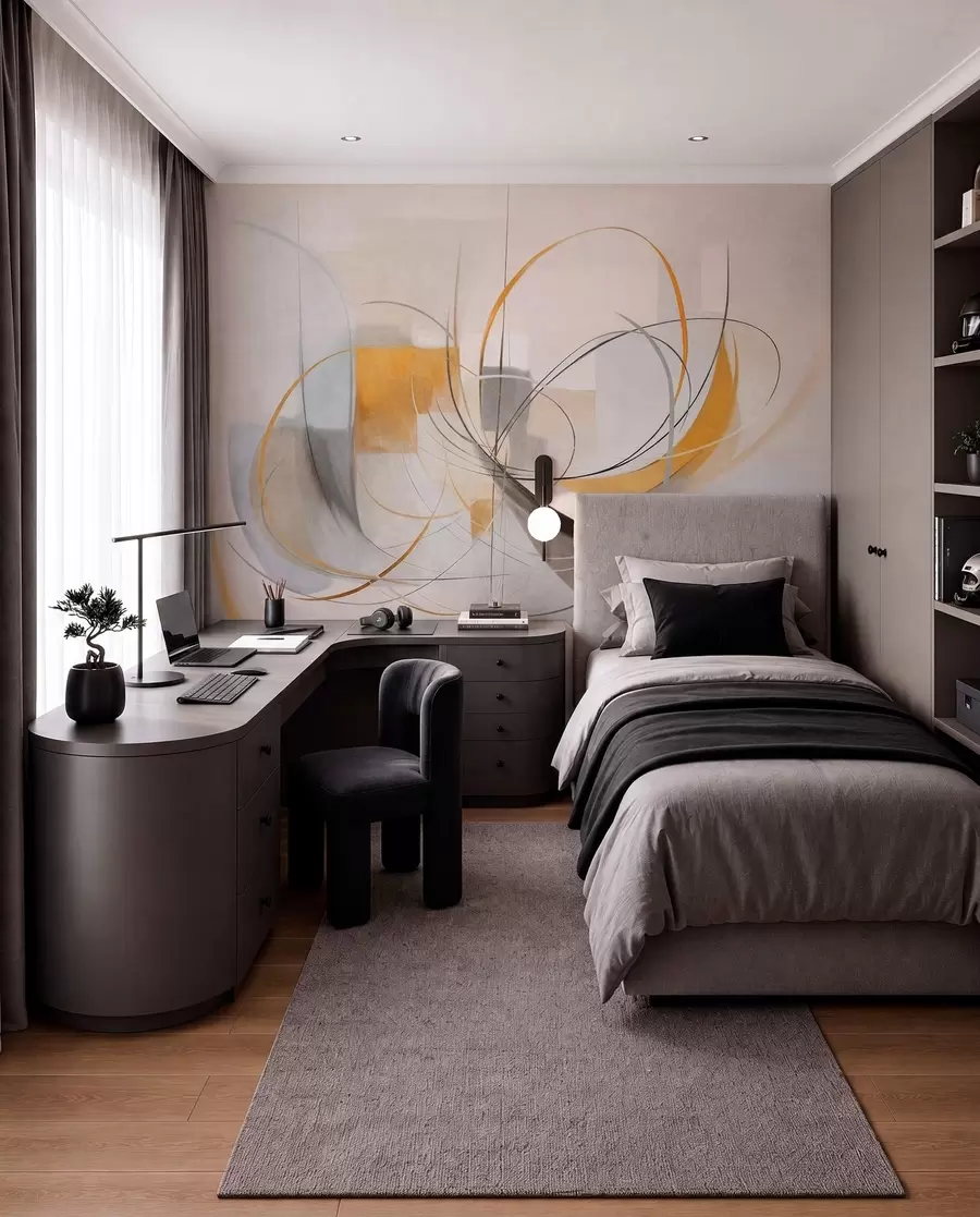 wall murals Апстрактни текстурирани модерни стил сликања са закривљеним линијама и геометријским облицима у нијансама сиве, беле и наранџасте w09476