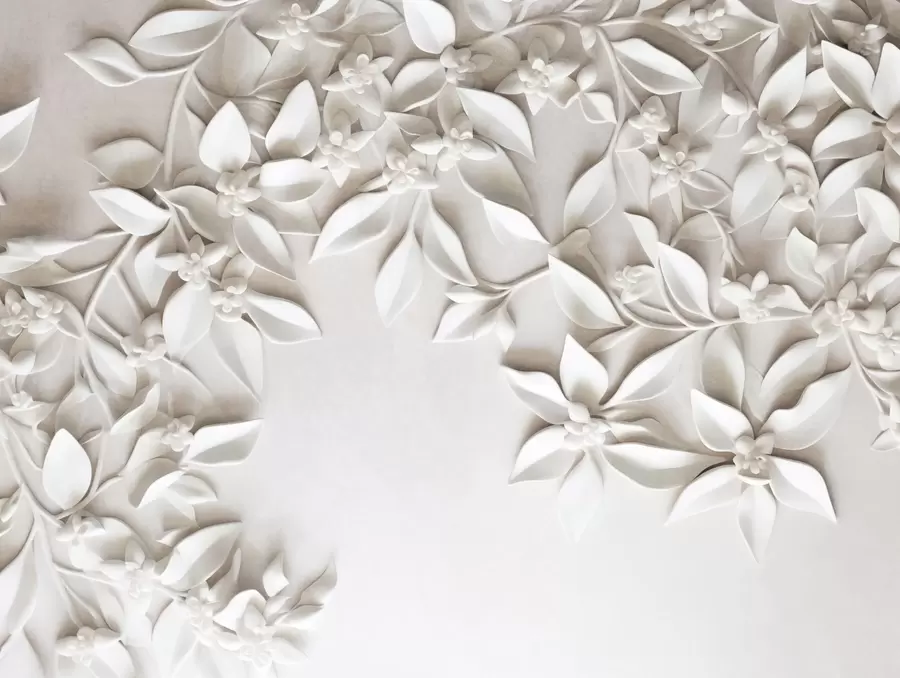 wall murals Бело текстурирано цвеће и лишће, цветни аранжман, елегантан дизајн, минималистички стил, декоративна уметност w09479
