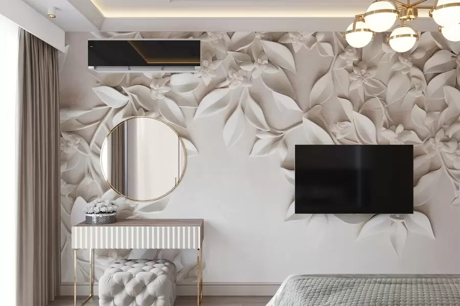 wall murals Бело текстурирано цвеће и лишће, цветни аранжман, елегантан дизајн, минималистички стил, декоративна уметност w09479