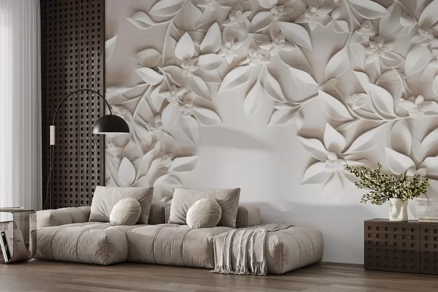 wall murals Бело текстурирано цвеће и лишће, цветни аранжман, елегантан дизајн, минималистички стил, декоративна уметност w09479