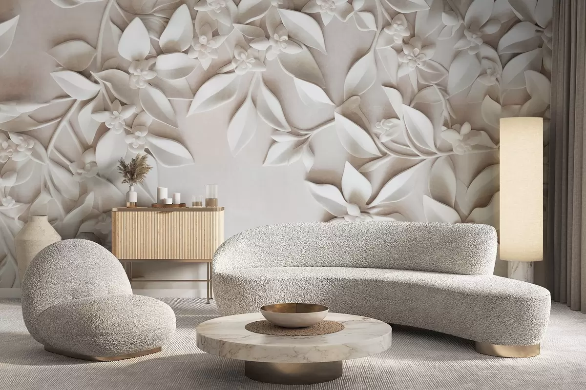 wall murals Бело текстурирано цвеће и лишће, цветни аранжман, елегантан дизајн, минималистички стил, декоративна уметност w09479