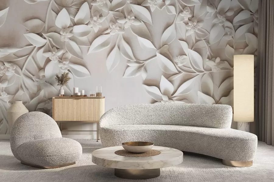 wall murals Бело текстурирано цвеће и лишће, цветни аранжман, елегантан дизајн, минималистички стил, декоративна уметност w09479