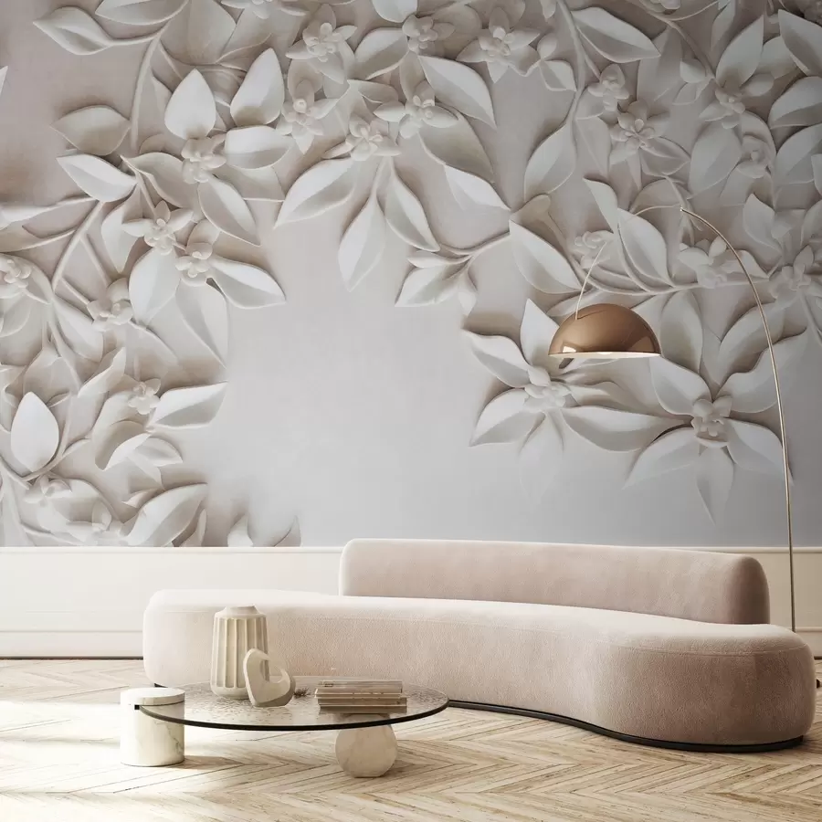 wall murals Бело текстурирано цвеће и лишће, цветни аранжман, елегантан дизајн, минималистички стил, декоративна уметност w09479