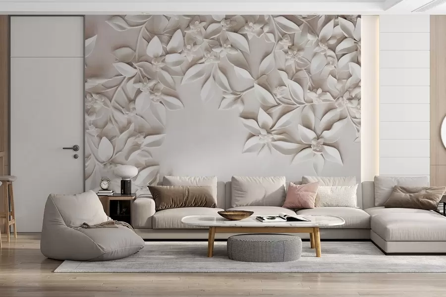 wall murals Бело текстурирано цвеће и лишће, цветни аранжман, елегантан дизајн, минималистички стил, декоративна уметност w09479