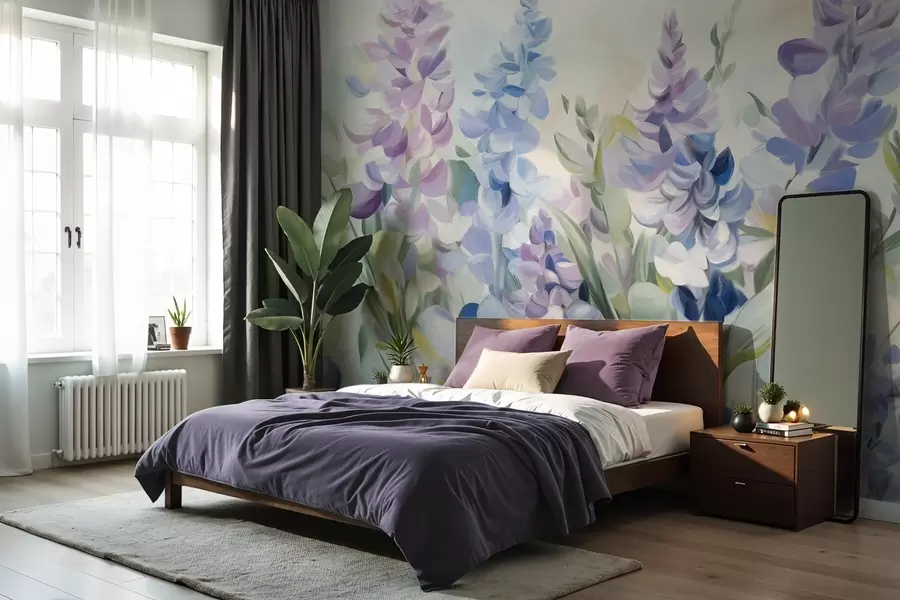 wall murals Љубичасто и плаво текстурирано цвеће са плавим листовима, светла позадина, меки потези четкице, живе боје w09482