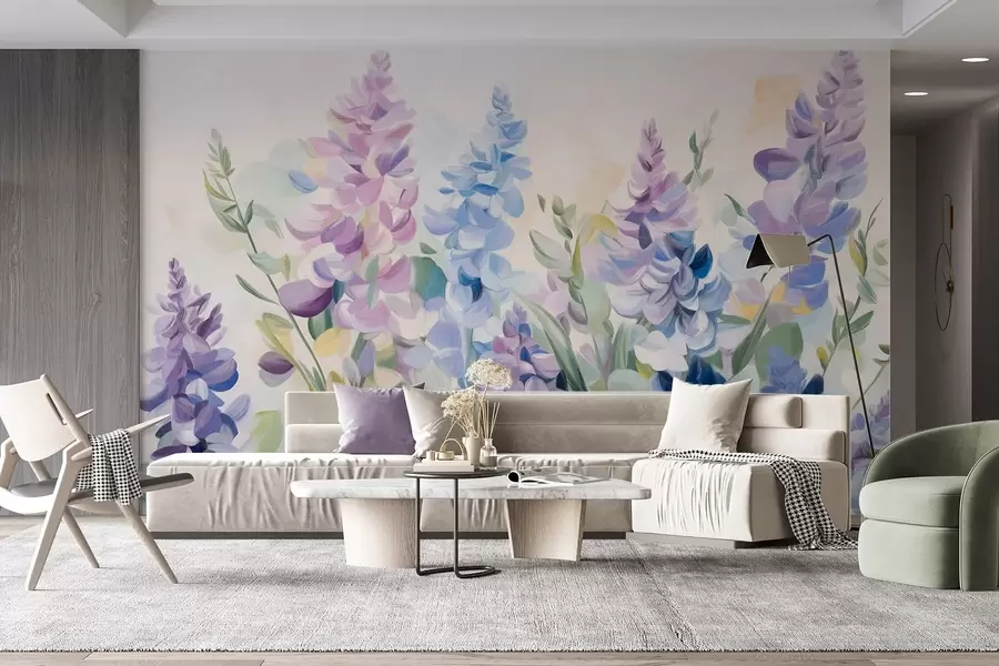 wall murals Љубичасто и плаво текстурирано цвеће са плавим листовима, светла позадина, меки потези четкице, живе боје w09482
