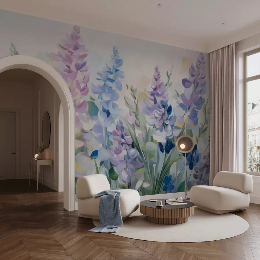 wall murals Љубичасто и плаво текстурирано цвеће са плавим листовима, светла позадина, меки потези четкице, живе боје w09482