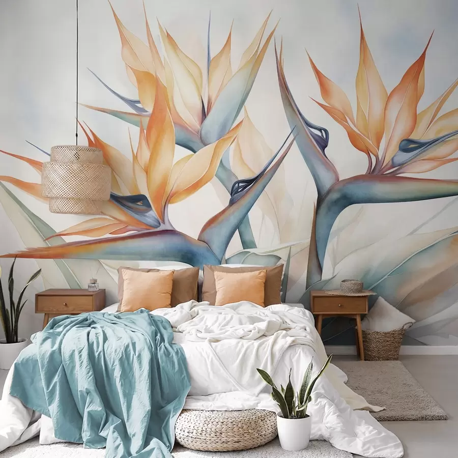 wall murals Цвет рајске птице, стрелиција са наранџастим латицама, меки акварел текстурирани стил, светла позадина w09483