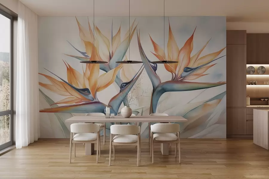 wall murals Цвет рајске птице, стрелиција са наранџастим латицама, меки акварел текстурирани стил, светла позадина w09483