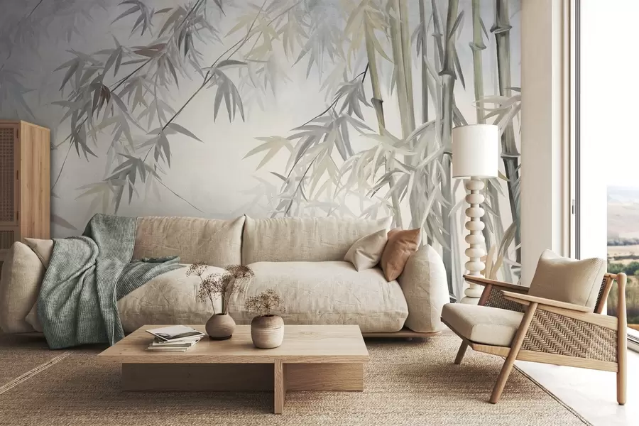 wall murals Текстуриране стабљике и листови бамбуса у мекој, пригушеној палети боја сиве, беле и кремасте, минималистичка композиција w09485