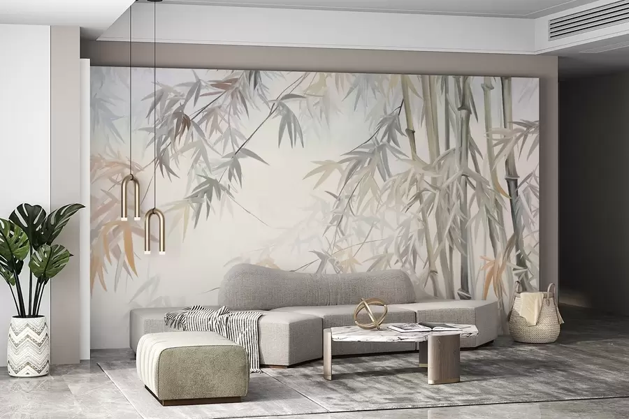 wall murals Текстуриране стабљике и листови бамбуса у мекој, пригушеној палети боја сиве, беле и кремасте, минималистичка композиција w09485