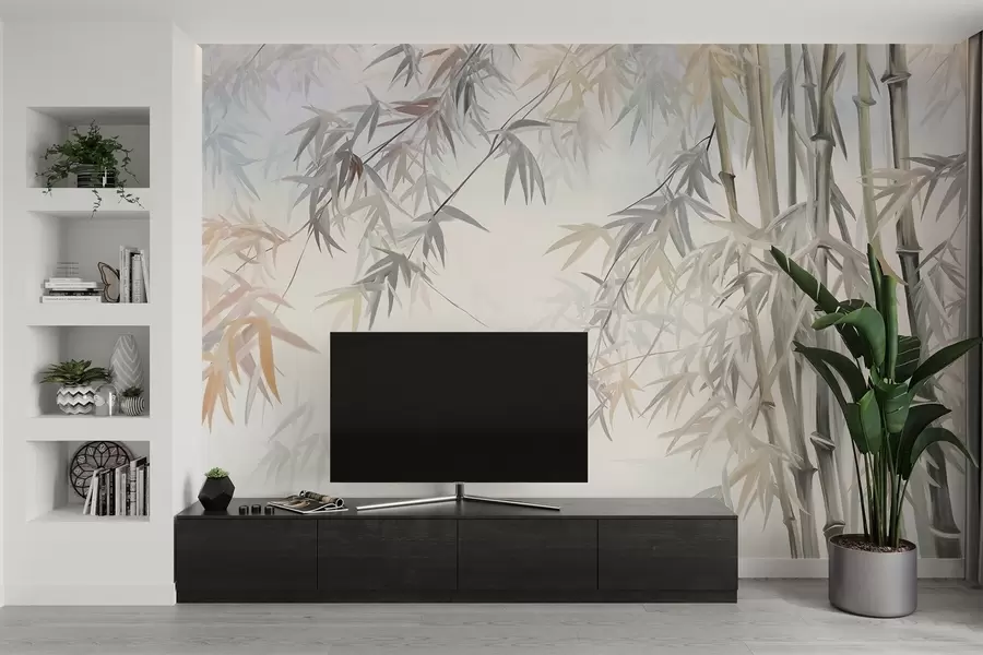 wall murals Текстуриране стабљике и листови бамбуса у мекој, пригушеној палети боја сиве, беле и кремасте, минималистичка композиција w09485