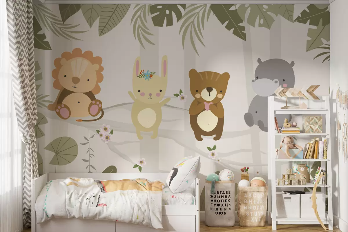 wall murals Слатки лав, зека, медвед и нилски коњ међу лишћем w04682