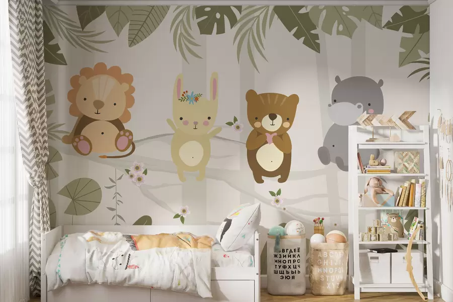 wall murals Слатки лав, зека, медвед и нилски коњ међу лишћем w04682