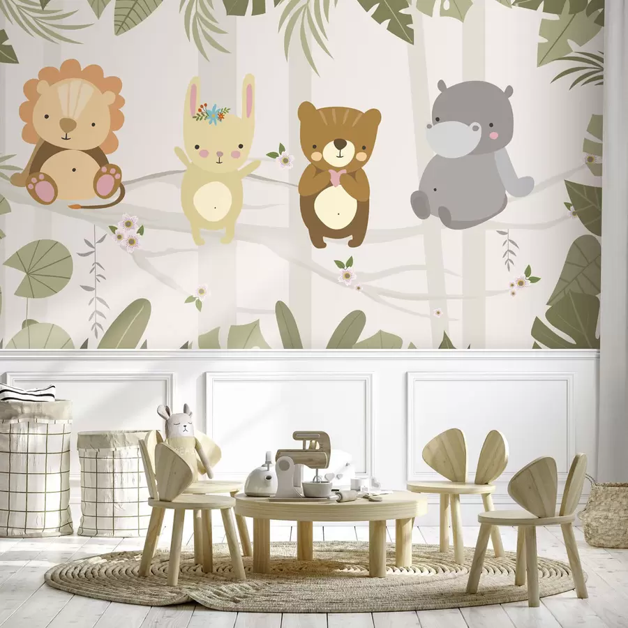 wall murals Слатки лав, зека, медвед и нилски коњ међу лишћем w04682