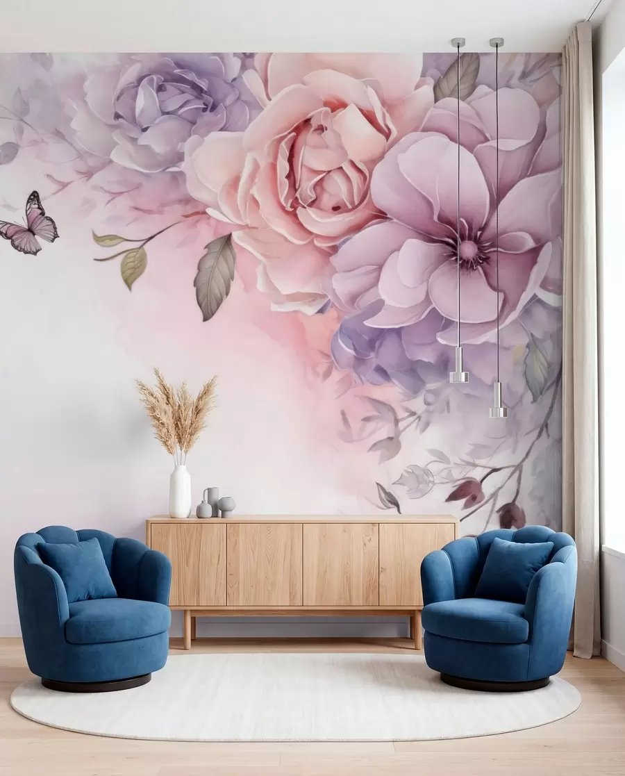 wall murals Нежно ружичасто и јоргованско цвеће са лептиром w04711