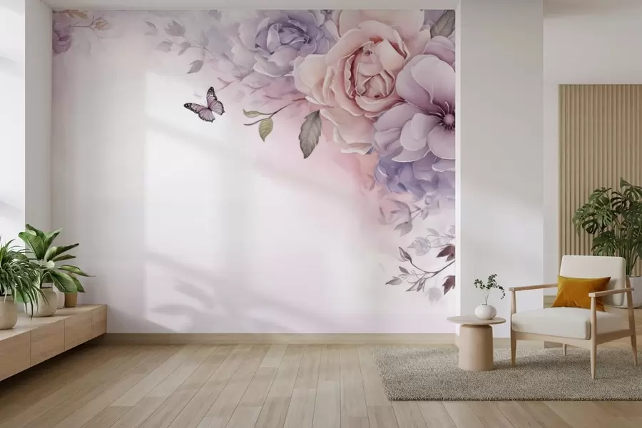 wall murals Нежно ружичасто и јоргованско цвеће са лептиром w04711