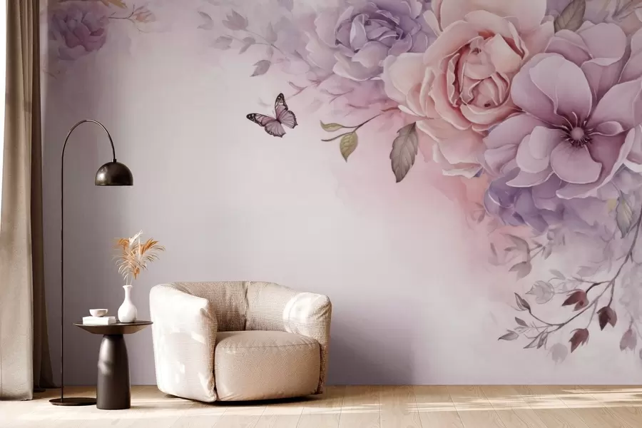 wall murals Нежно ружичасто и јоргованско цвеће са лептиром w04711
