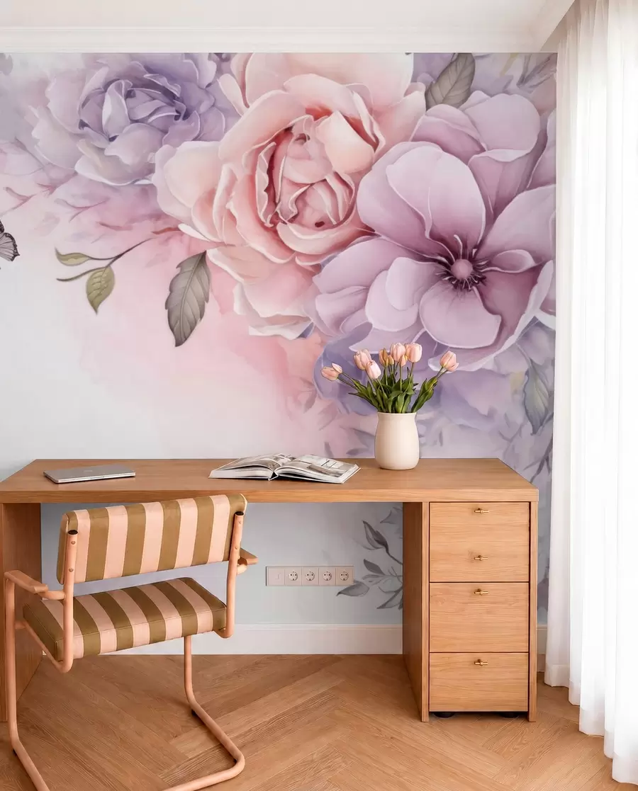 wall murals Нежно ружичасто и јоргованско цвеће са лептиром w04711