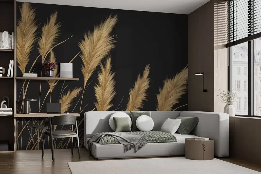 wall murals Пахуљасти класови пшенице на тамној позадини w04734