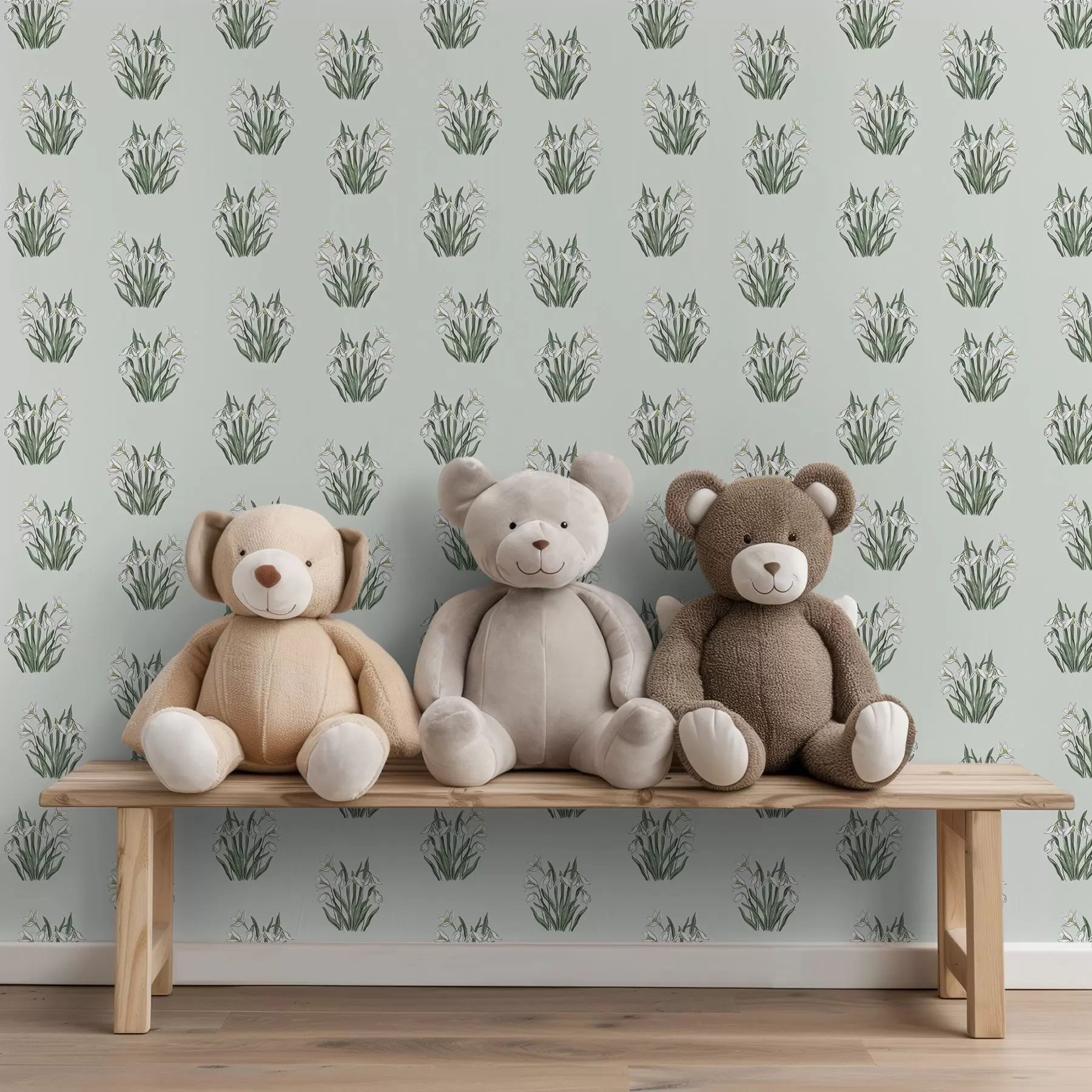 wall murals Висибабе са зеленим листовима на пастелно зеленој позадини a00651