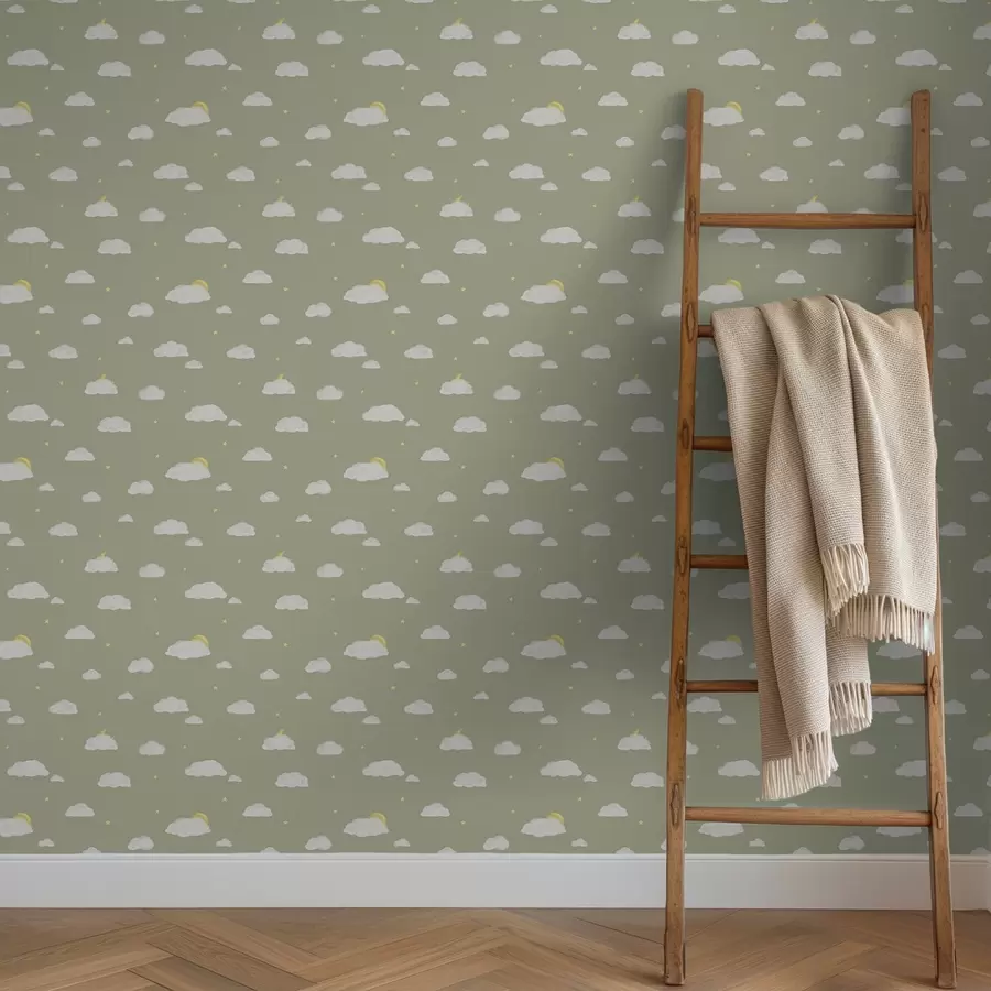 wall murals Меки облаци, звезде и сунце на зеленкасто сивој позадини a00652v1