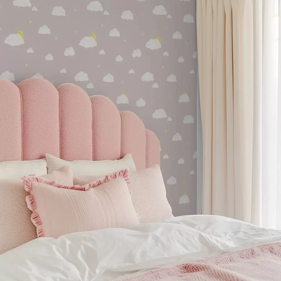 wall murals Меки облаци, звезде и сунце на ружичасто сивој позадини a00652v2