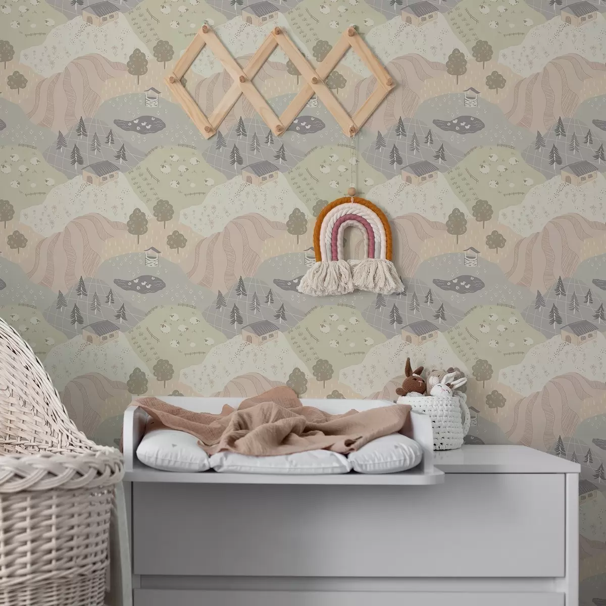 Позадина Бајковита сеоска природа са дрвећем, гускама и овцама a00728