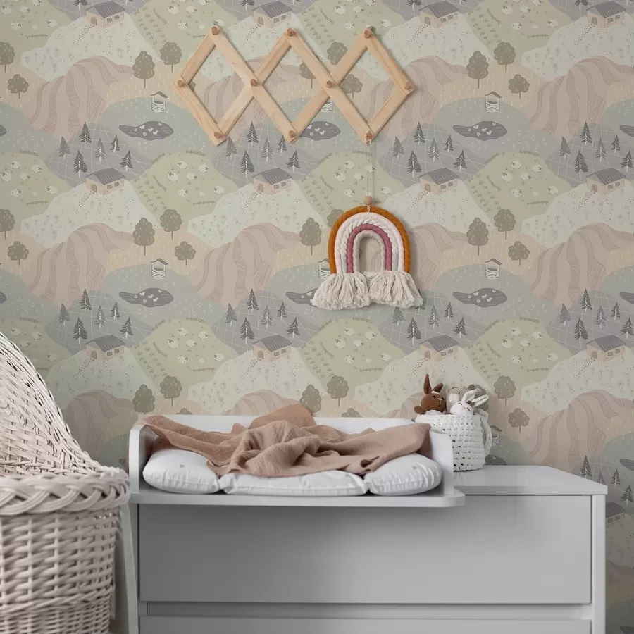 wall murals Бајковита сеоска природа са дрвећем, гускама и овцама a00728