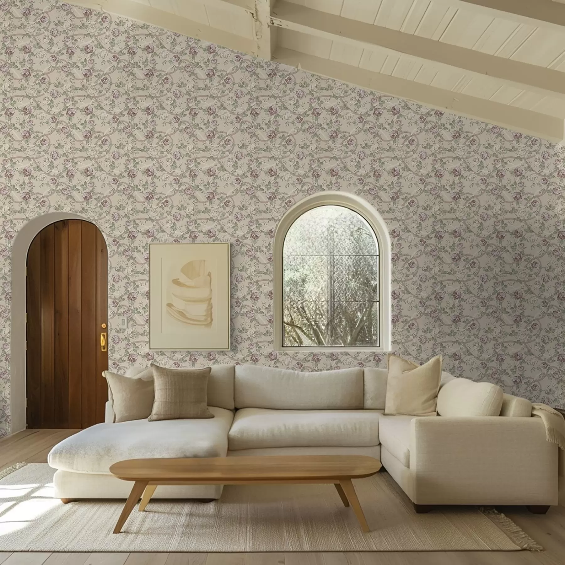 wall murals Руже са зеленим листовима на топлој беж бази a00729