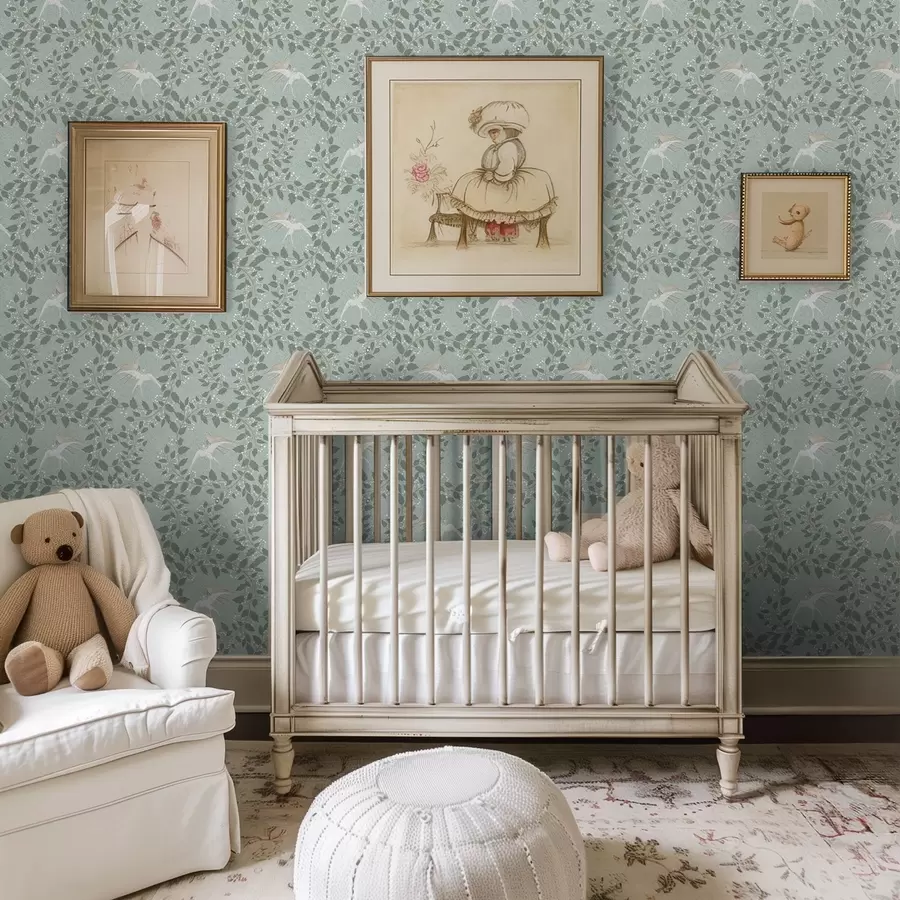 wall murals Гране са белим бобицама и птицама на зеленој позадини a00731