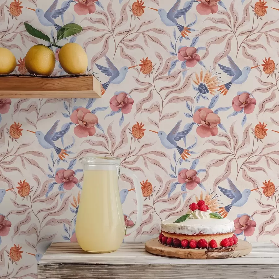 wall murals Колибрији међу великим цвећем у ружичастим и плавим тоновима a00733