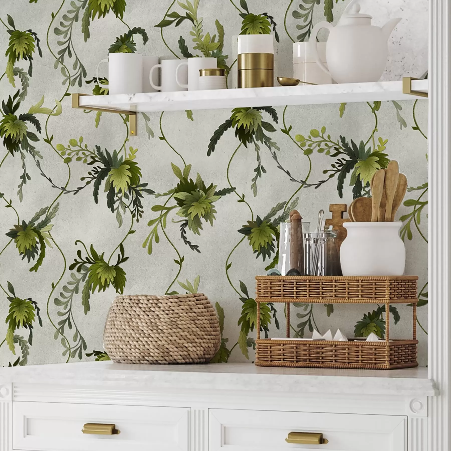 wall murals Пењајуће гране са лишћем на светлој позадини a00806