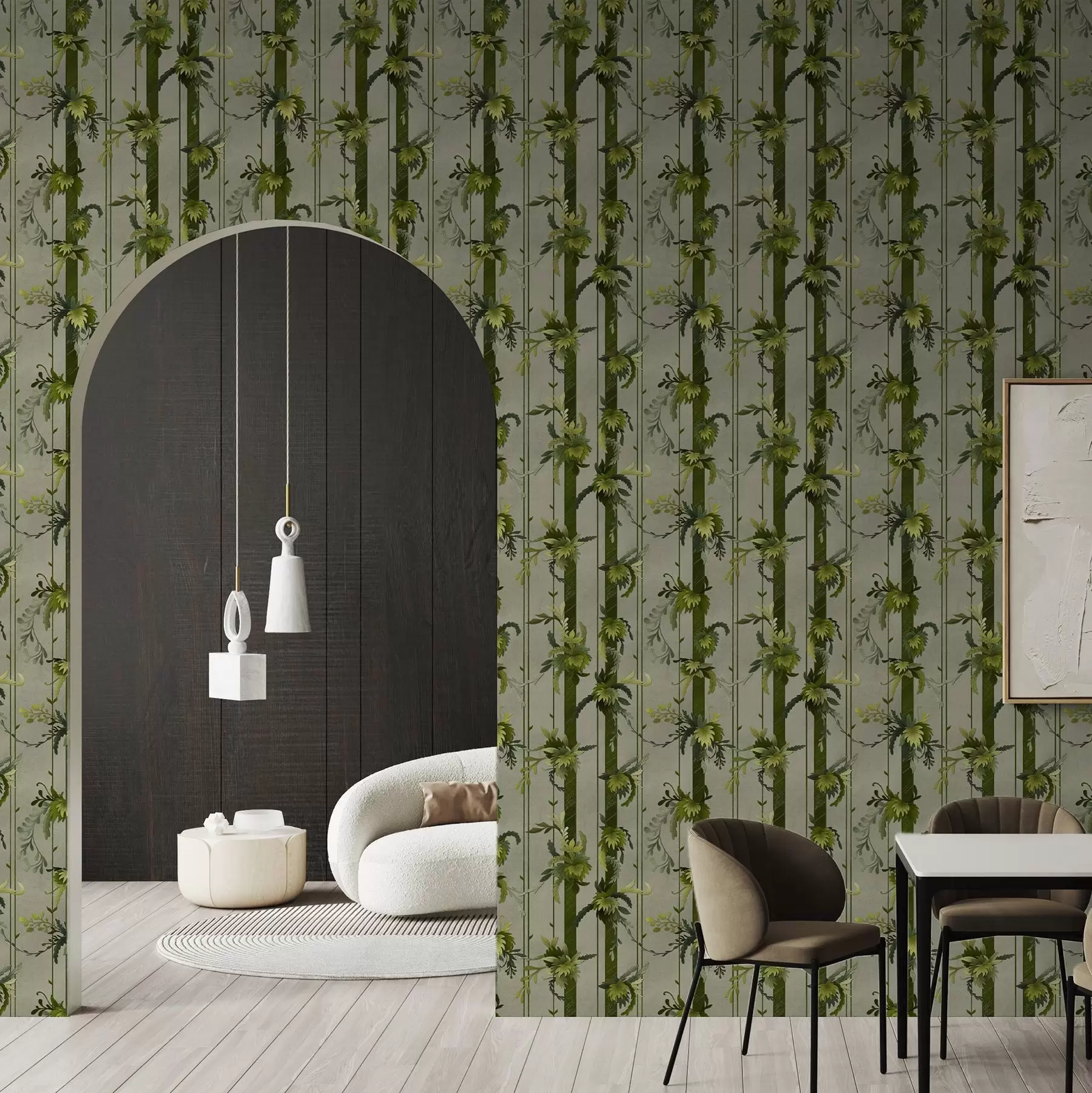 wall murals Зелено лишће у вертикалним пругама на сивој позадини a00807v1