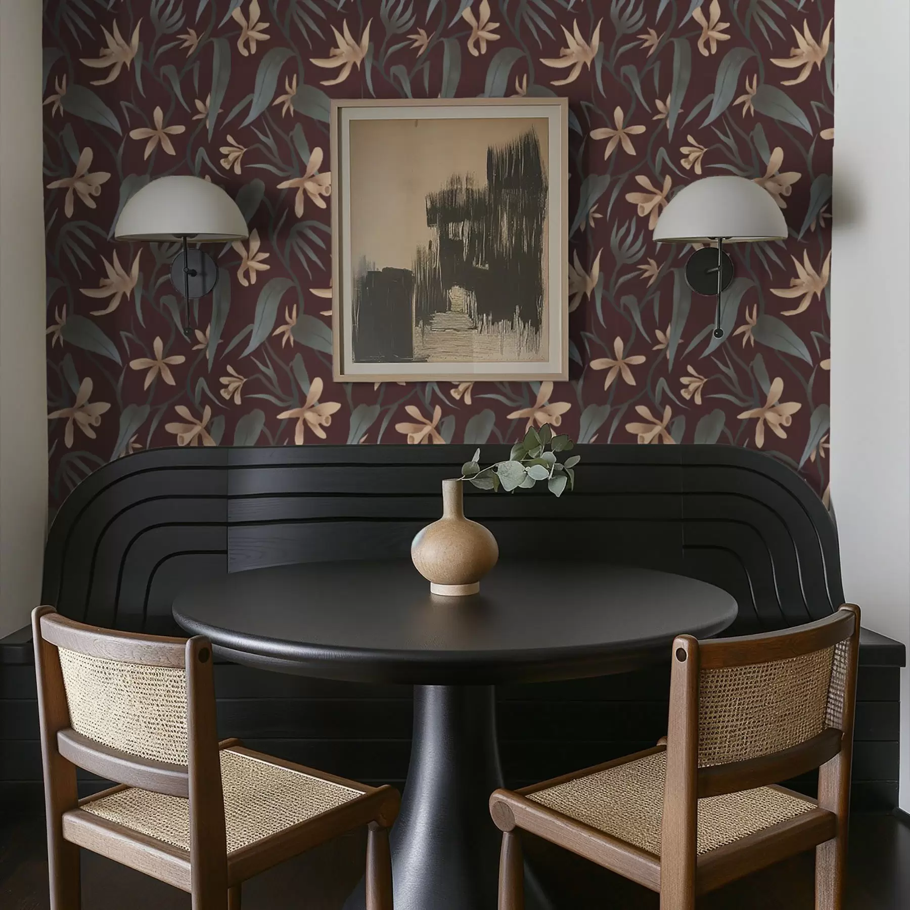 wall murals Кремасто цвеће са сивим листовима на бордо позадини a00833