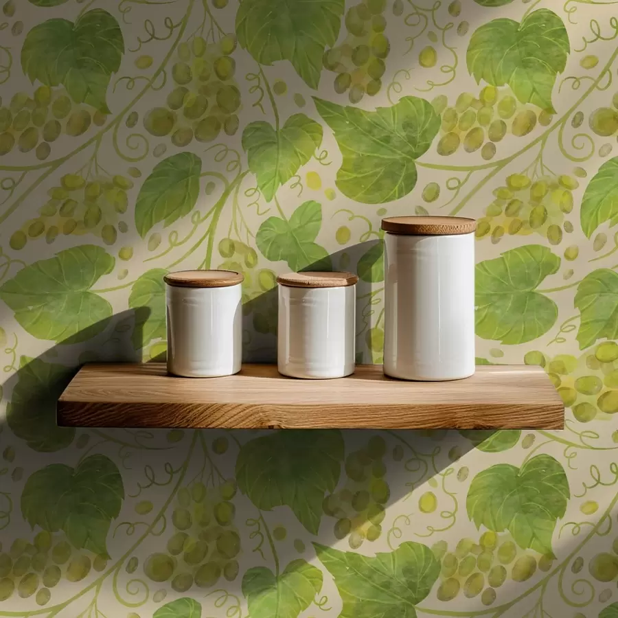 wall murals Грожђе и зелено лишће на светлој позадини a00834