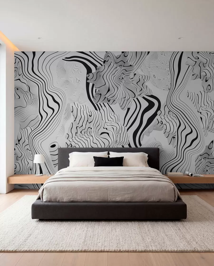 wall murals апстрактни органски облици у 3Д стилу у белим и сивим тоновима са црним пругама w04627