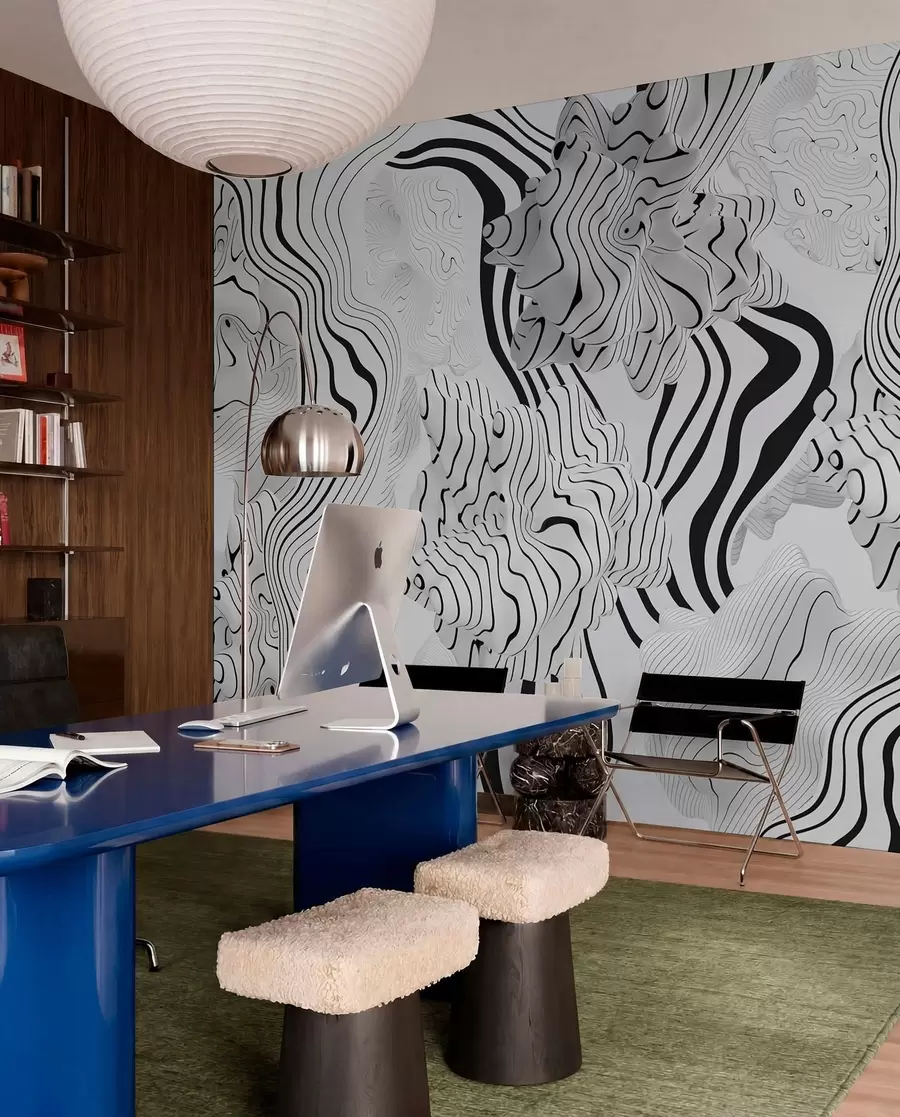 wall murals апстрактни органски облици у 3Д стилу у белим и сивим тоновима са црним пругама w04627