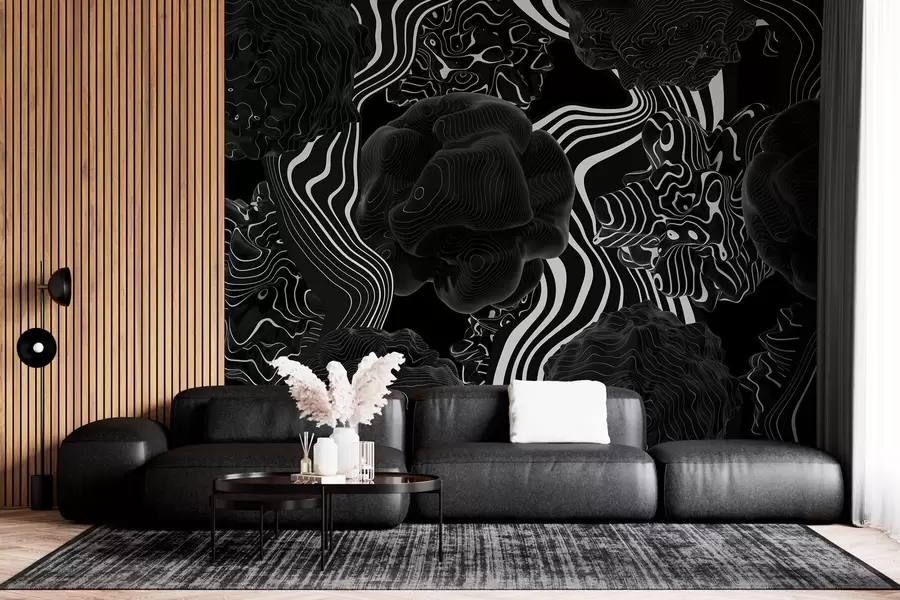 wall murals апстрактни органски облици у 3Д стилу у црним тоновима са белим пругама w04628