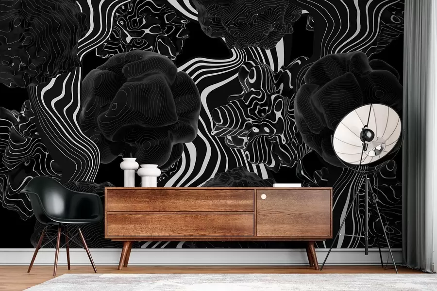 wall murals апстрактни органски облици у 3Д стилу у црним тоновима са белим пругама w04628